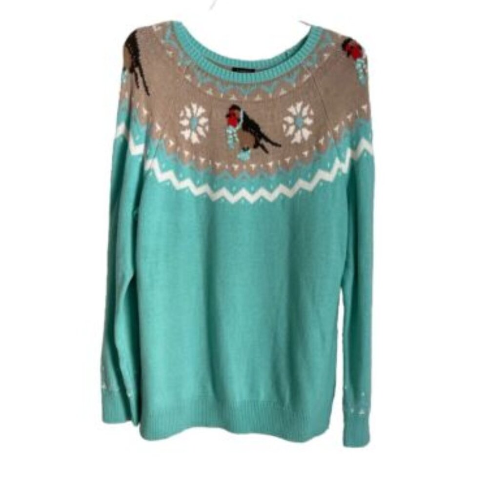 New With Tags Talbots Teal Lambswool Knit Fair Isle Snow Bird Sweater